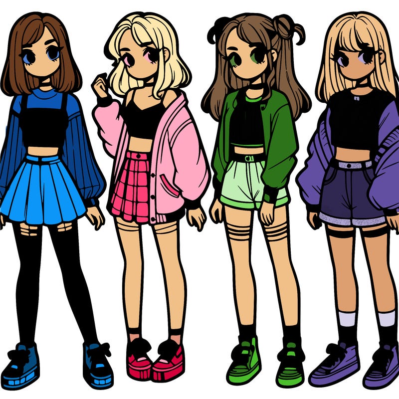 one girl with crop-top shirt and a jacket with a skirt, long socks and another girl with a shirt and pants with a jacket