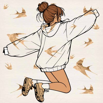 realistic girl jumping with a bun and oversized sweatshirt