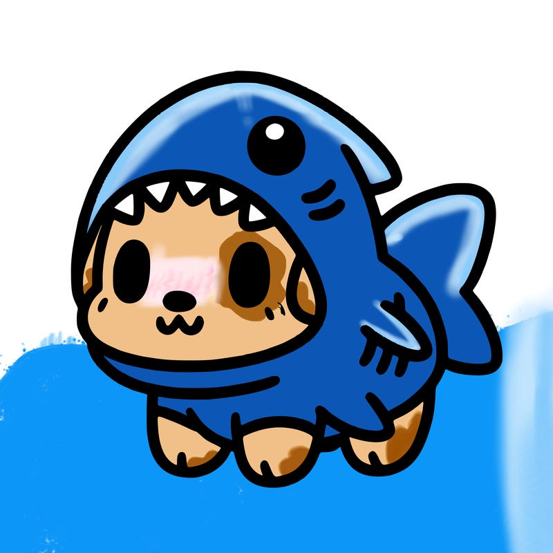 cute dog wearing a shark costume