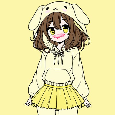 pretty anime girl wearing a fluffy hoodie with bunny ears on the hood and a skirt