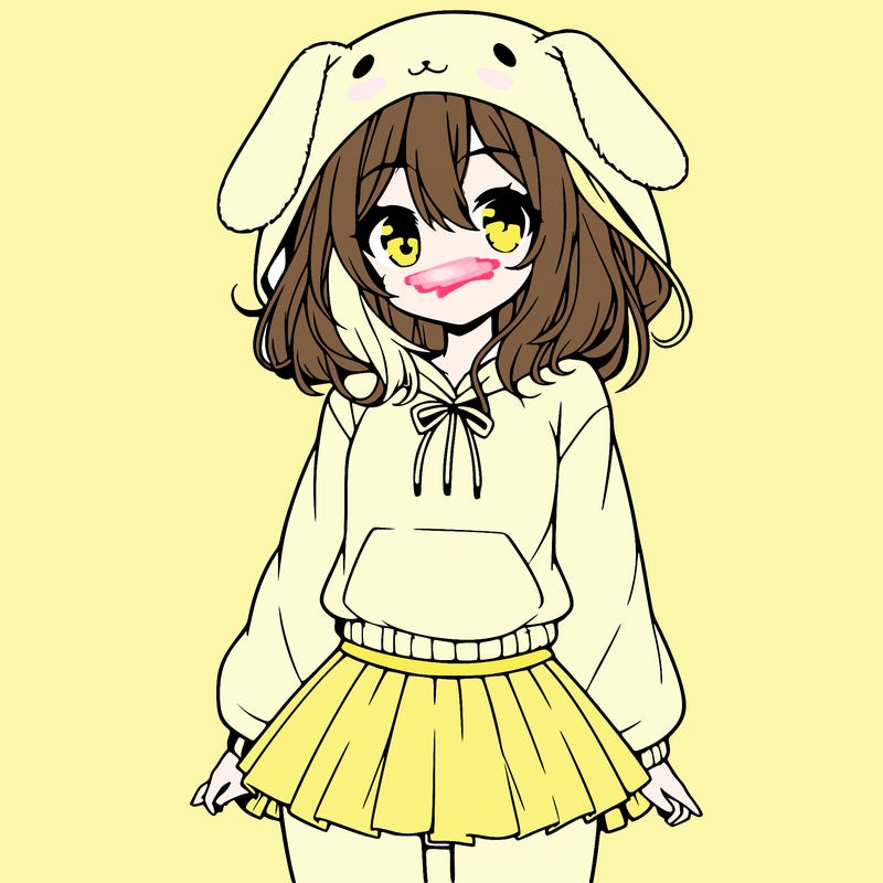 pretty anime girl wearing a fluffy hoodie with bunny ears on the hood and a skirt