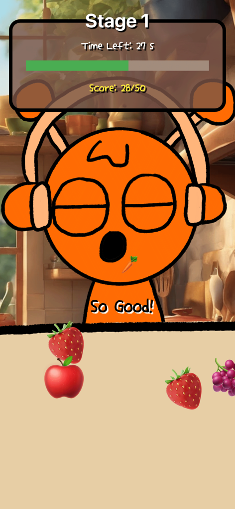 Un personaje de dibujos animados naranja con auriculares comiendo comida en el juego MunchPop ASMR