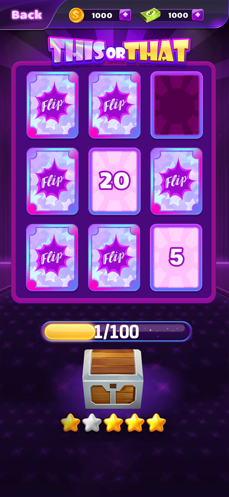 Cash Pusher:Lucky Coin Casino - Una captura de pantalla del minijuego de voltear cartas 'Esto o aquello' en Cash Pusher mostrando cartas para voltear y una recompensa de cofre del tesoro.