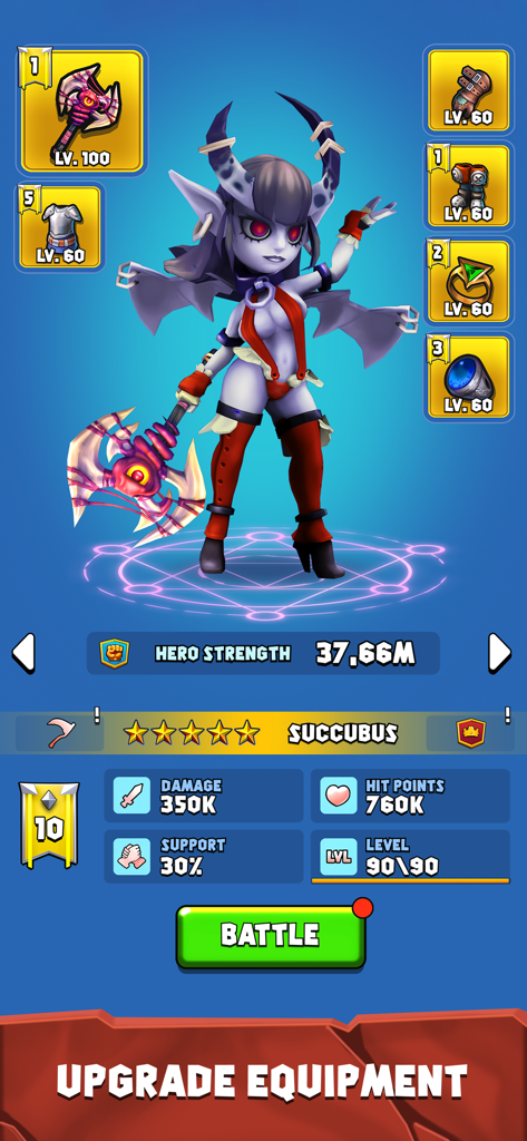 Combat Quest: Idle Dungeon RPG - Combat Questのサキュバスのキャラクタープロフィール画面。ヒーローの強さ、ダメージ、装備を表示