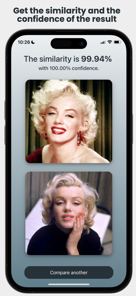 Compare Faces - Pantalla de smartphone de la app Comparar Caras mostrando un resultado de similitud del 99,94 por ciento entre dos fotos.