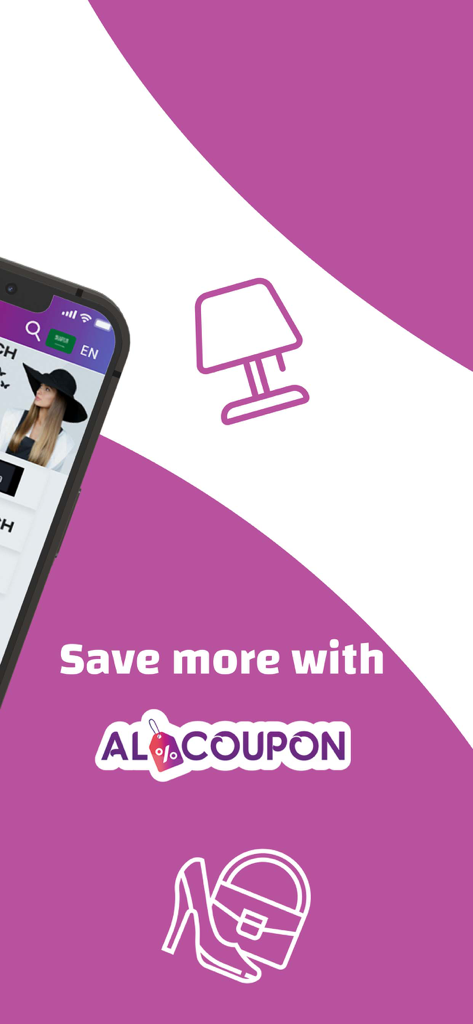 Alcoupon: Coupons, Discounts - Promotional graphic for the Alcoupon app showing fashion and home decor icons with the text Save more with Alcoupon