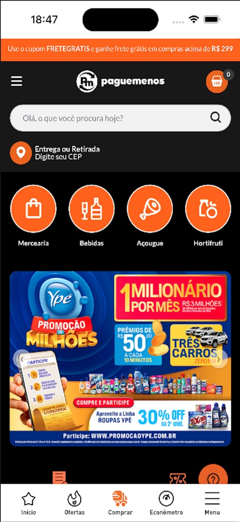 Supermercados Pague Menos - La pantalla de inicio de la app móvil Supermercados Pague Menos con categorías de comestibles y ofertas de compras.