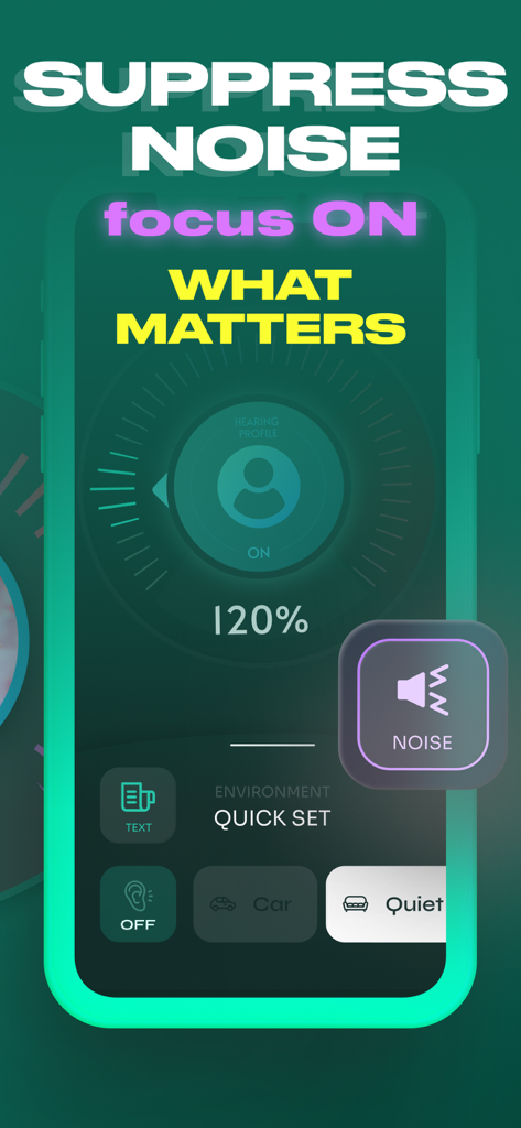Sound Amplifier | Volume Boost - Interfaccia dell'app Sound Amplifier che mostra funzionalità di soppressione del rumore e controllo del volume