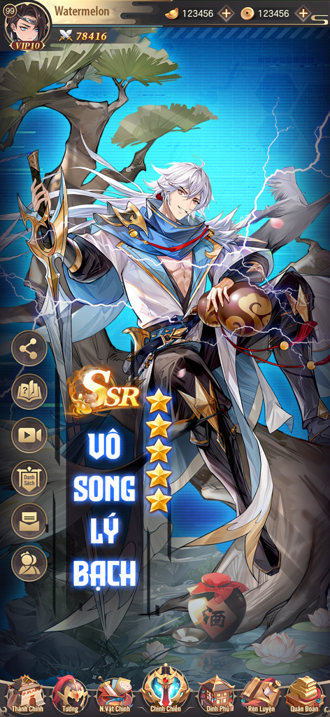 Mukbang Tam Quốc - Vplay - SSR character Vo Song Ly Bach with white hair and lightning effects in Mukbang Tam Quoc Vplay anime style mobile game