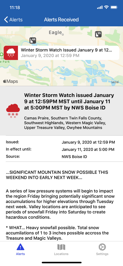 myAlerts - Eine Warnung vor einem Wintersturm, die auf der Benutzeroberfläche der myAlerts-App angezeigt wird.