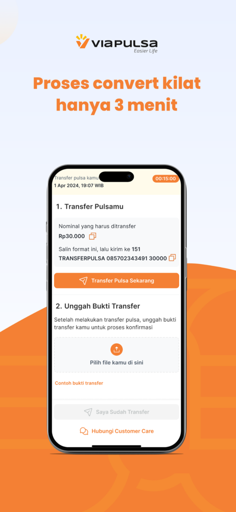 Viapulsa - Viapulsa app screen showing the steps to transfer mobile credit and upload proof for conversion.