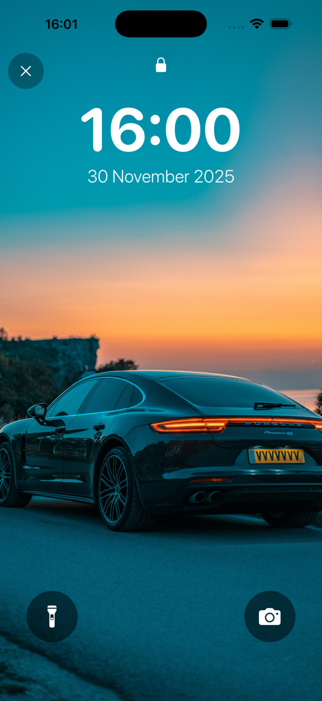 Wallpapers: Live Wallpapers 4K - A luxury sports car parked at sunset on an iPhone lock screen showing the time and date