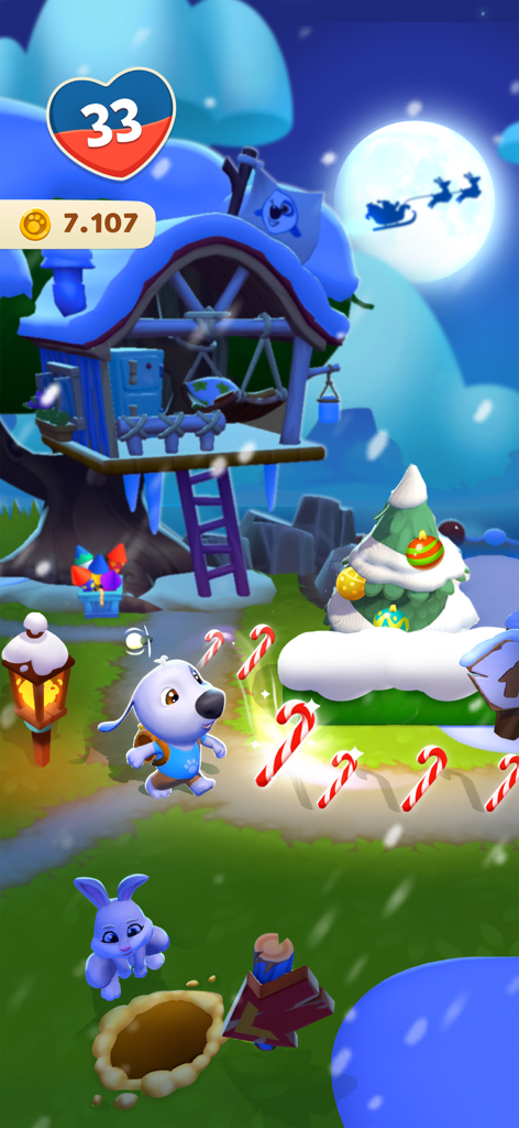 Talking Hank erkundet nachts eine verschneite Winterlandschaft mit einem Weihnachtsbaum und Zuckerstangen