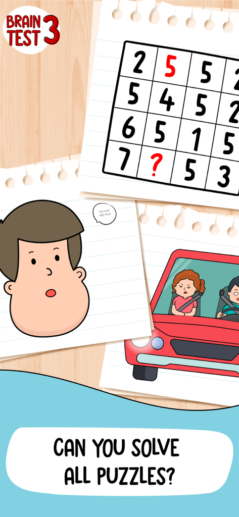 Brain Test 3 mobile game screenshot showing various logic puzzles and characters