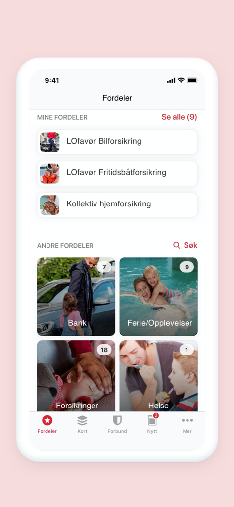 LOfavør - LOfavør app dashboard showing member benefits including insurance and banking options