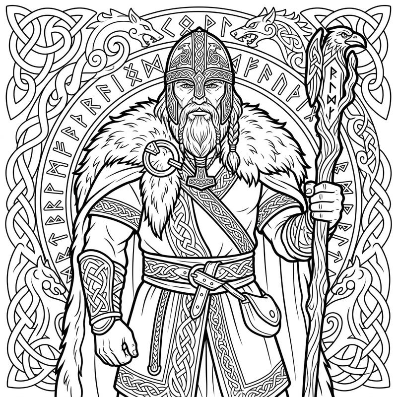 Journey into Norse mythology by coloring a powerful Viking Godhi, depicted as a chieftain and priest. This detailed template features intricate patterns and runic symbols, perfect for adult and teen colorists.