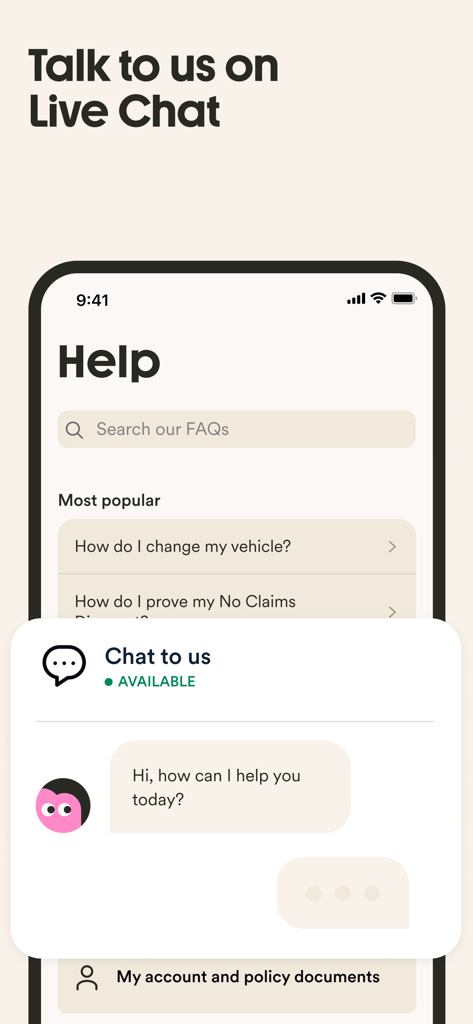 Marshmallow Insurance - Interfaccia di live chat e assistenza dell'app Marshmallow Insurance