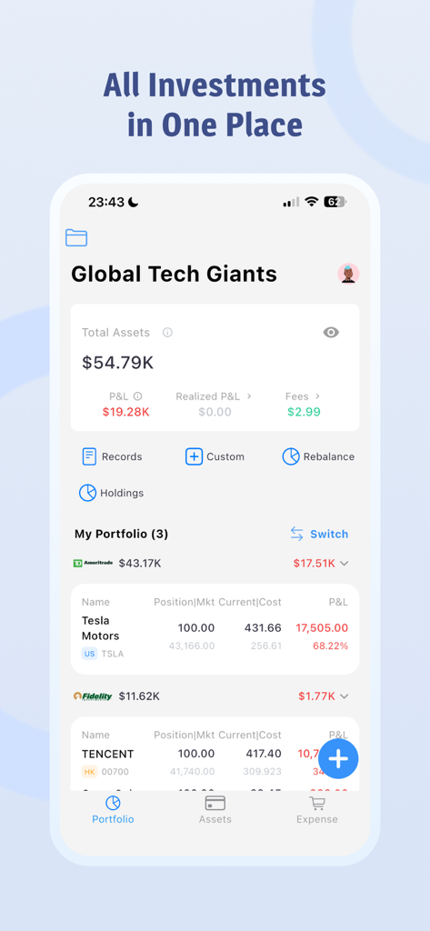 Snowball Portfolio - The Snowball Portfolio app interface showing a dashboard with total assets, profit and loss metrics, and stock holdings for global tech companies.