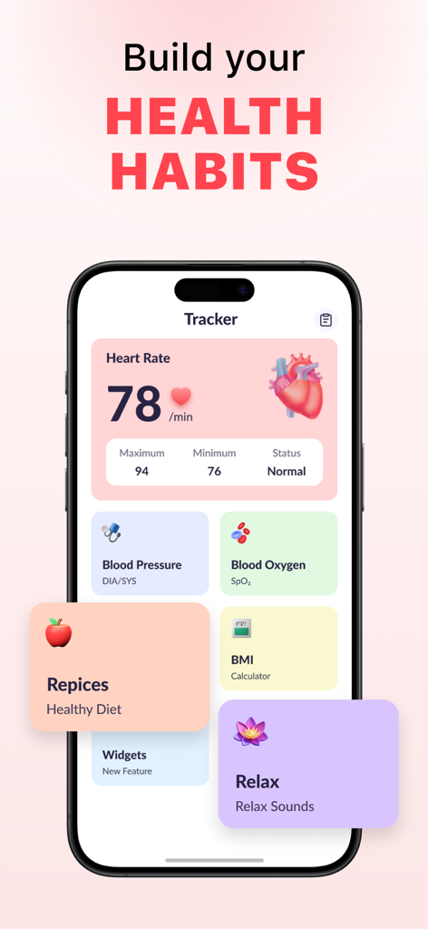 Heart Rate Monitor Pulse app dashboard showing vitals tracking for heart rate blood pressure and health habits