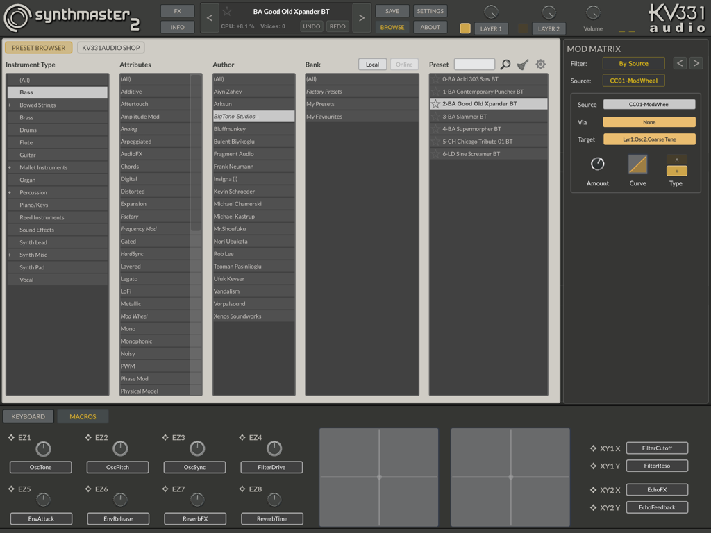 SynthMaster 2 - SynthMaster 2 iPad app preset browser and modulation matrix interface