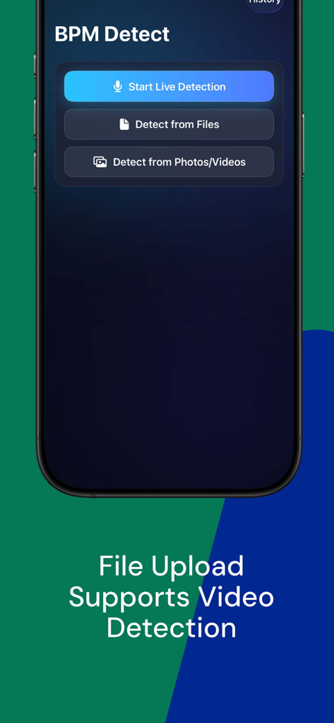 BPM Detector - Tempo Analyzer - Main menu of BPM Detector app with options for live detection and video file analysis