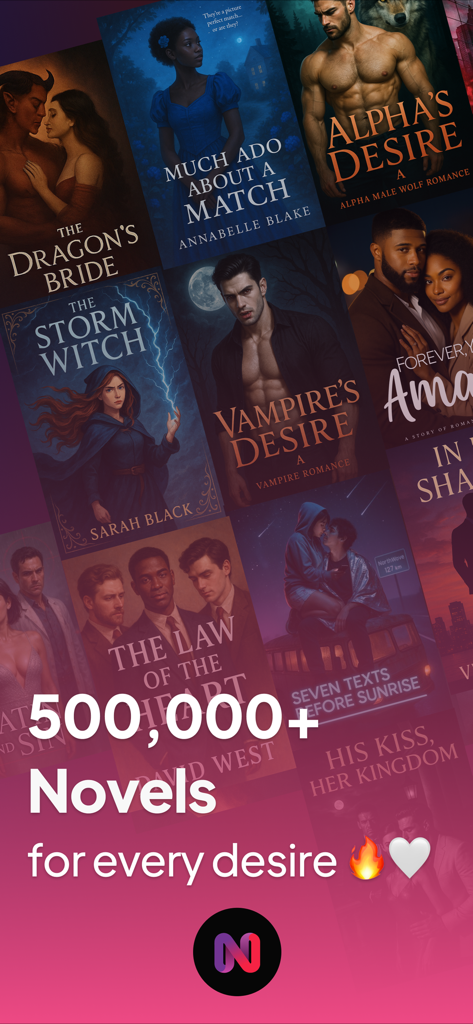 NovelDrama: Read Fantasy Novel - NovelDrama app display showing a library of over 500,000 romance and fantasy book covers including werewolf and vampire stories