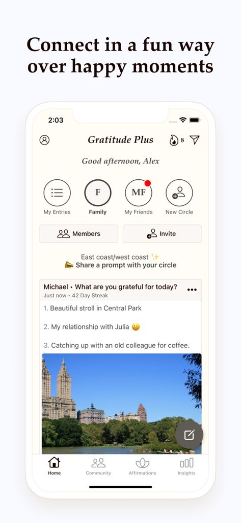 Gratitude Plus app interface showing a shared journal entry with a photo and social circles for family and friends