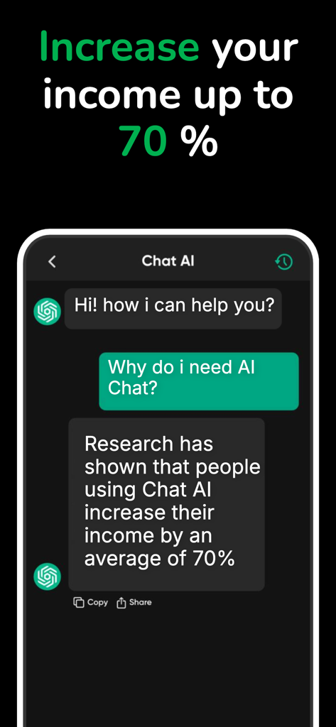 Capture d'écran de l'interface de l'application ChatAI montrant une conversation sur l'augmentation des revenus de 70 pour cent