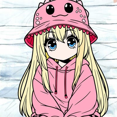 girl with anime shaped eyes with a dinosaur bucket hat oversized sweatshirt long straight hair