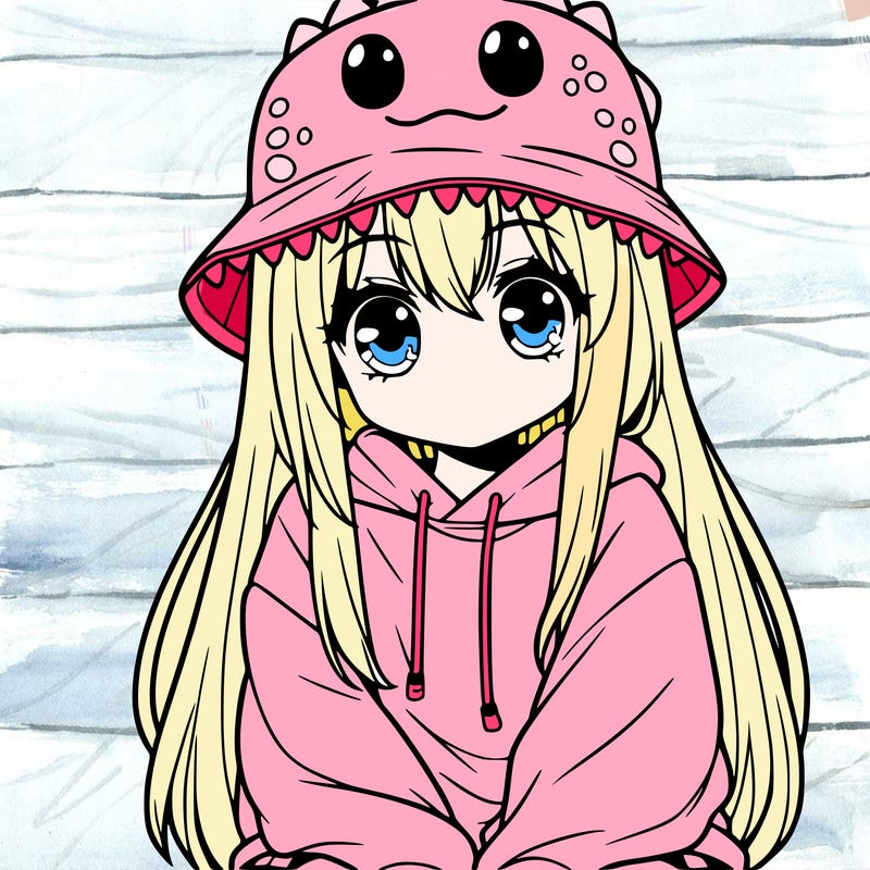 girl with anime shaped eyes with a dinosaur bucket hat oversized sweatshirt long straight hair