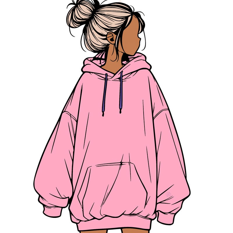 realistic girl with a oversized sweatshirt on and a bun