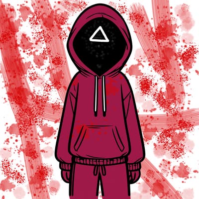 faceless girl in a tracksuit with a hood on and no hair