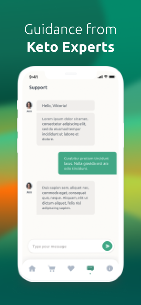 Tela de aplicativo móvel mostrando uma interface de chat para suporte personalizado e orientação de especialistas em dieta cetogênica.