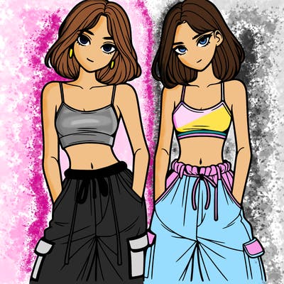 two girls with crop top with baggy pants