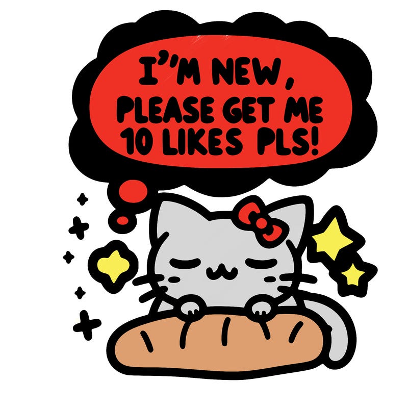 kitty taking a nap dream talking and saying "i'm new, please get me at least 10 likes pls!!"