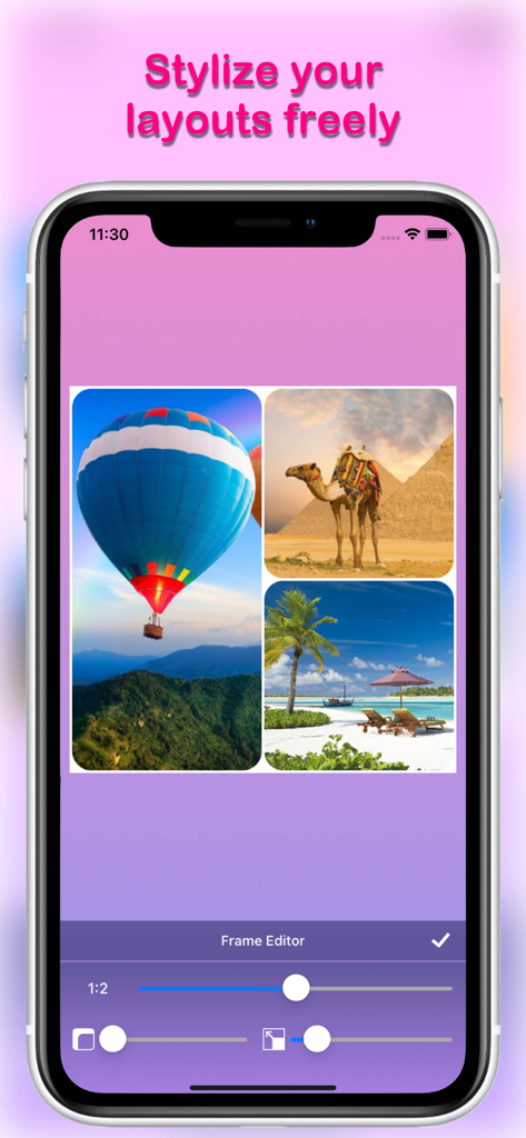 Pic Collage Maker - PicCollage - Smartphone screen showing the frame editor interface with a three-photo travel collage