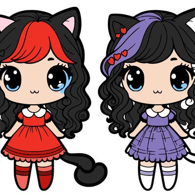 small cat girl with cat ears and curly hair and a cat tail