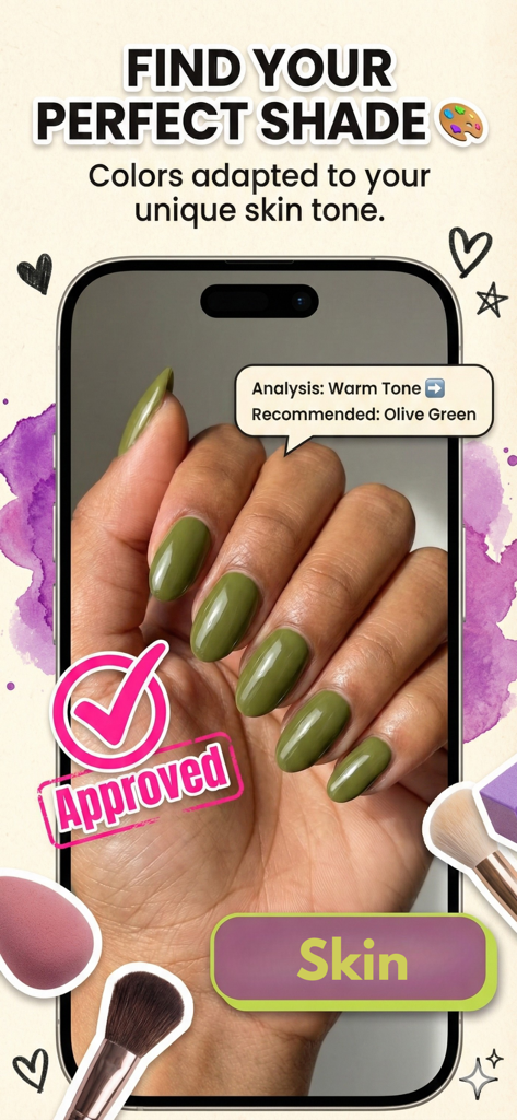 Nails AI app showing a virtual try on of olive green nail polish matched to a warm skin tone analysis