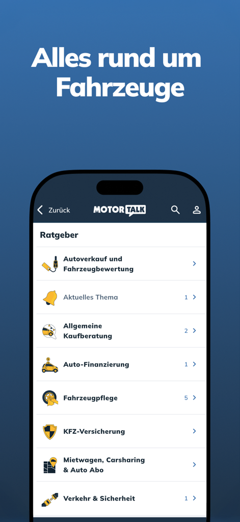 MOTOR-TALK - Interface of the MOTOR-TALK app showing automotive guide categories such as car maintenance and purchase advice