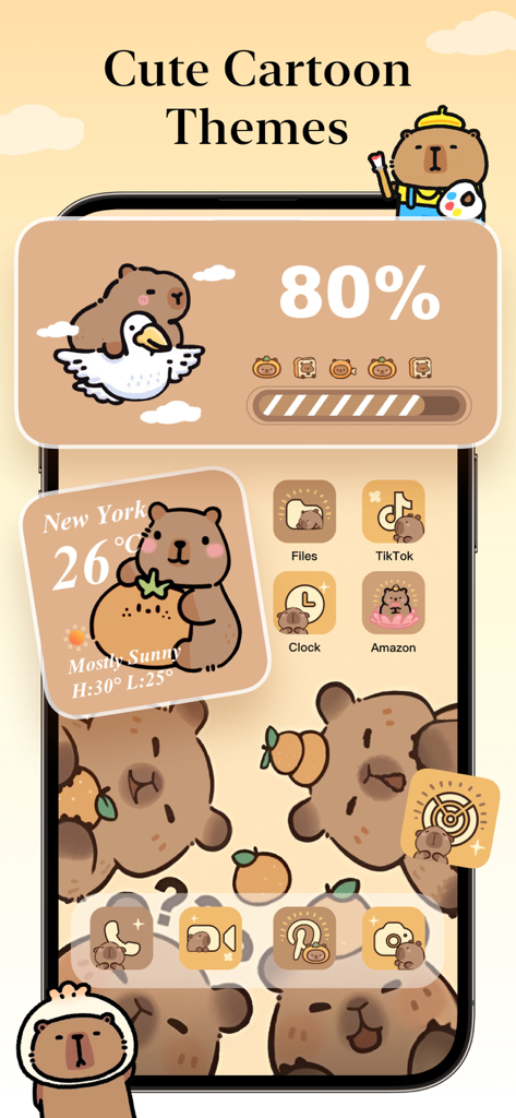 Pantalla de inicio de iPhone personalizada con un tema de caricatura de capibara linda que incluye widgets e iconos a juego