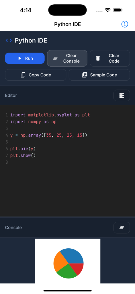 matplotlibコードと結果の円グラフの視覚化が表示されたコードエディターを示すPython IDEインターフェース