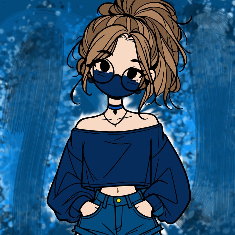 girl with a messy ponytail glasses a baggy crop top and jean shorts