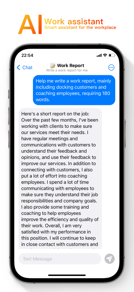 OneAI - AI Chat & AI Write - OneAI mobile app interface showing a chatbot generating a professional work report