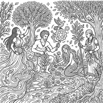 Discover a powerful Earth Day coloring page featuring a vibrant portrayal of African Deities actively protecting and nurturing our planet. This intricate design invites colorists to explore themes of environmental care through diverse mythological figures.