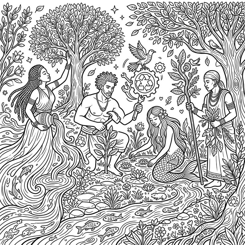 Discover a powerful Earth Day coloring page featuring a vibrant portrayal of African Deities actively protecting and nurturing our planet. This intricate design invites colorists to explore themes of environmental care through diverse mythological figures.