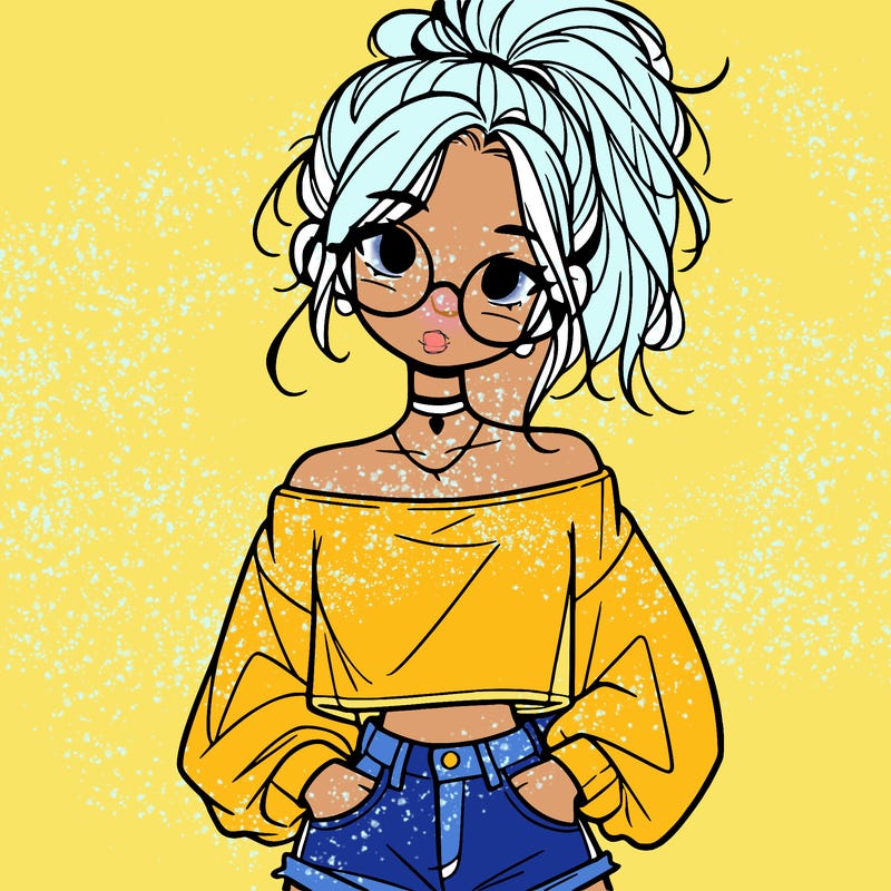 girl with a messy ponytail glasses a baggy crop top and jean shorts