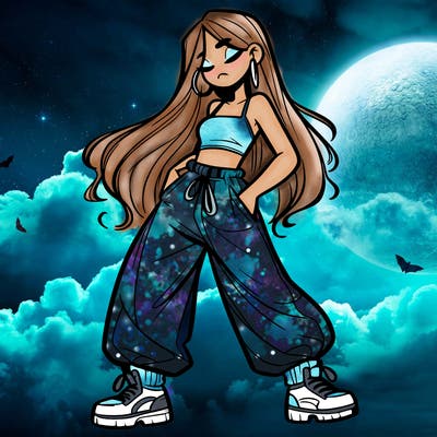 girl in baggy pants crop top and long hair