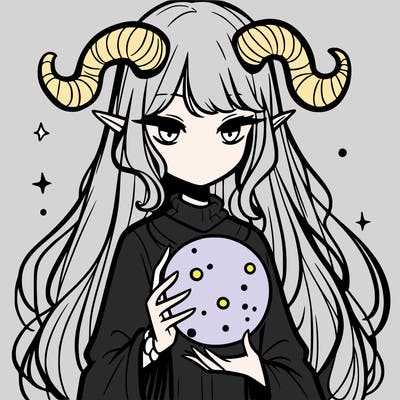 long haired girl with horns and magic orb in her hand