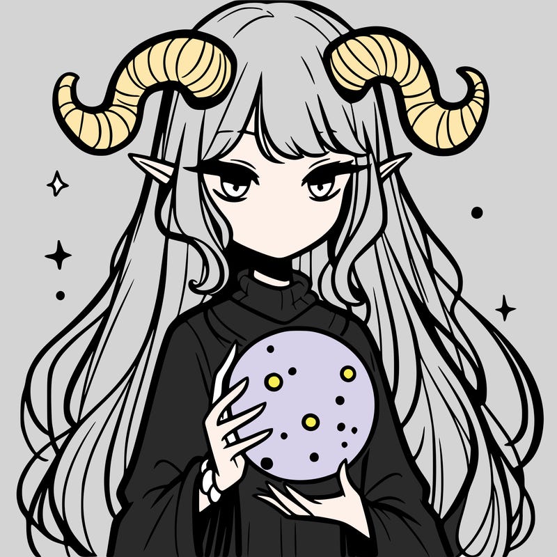 long haired girl with horns and magic orb in her hand