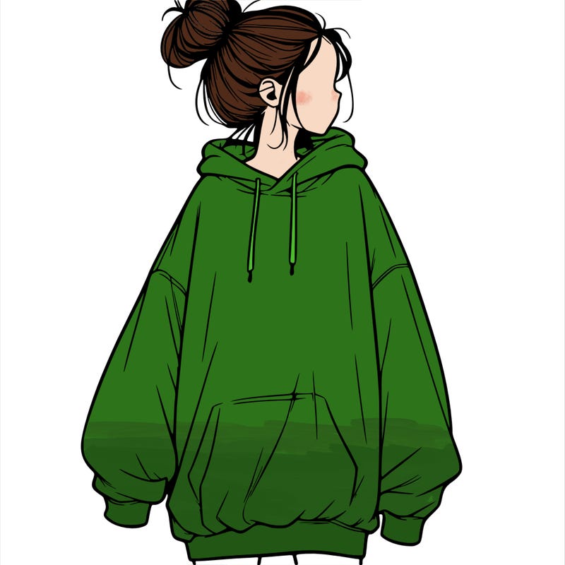 realistic girl with a oversized sweatshirt on and a bun
